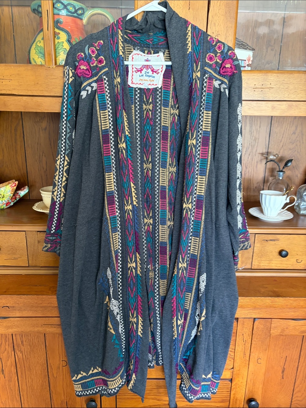 Johnny Was Charcoal Gray Open-Front Embroidered Cardigan with Multicolor Accents
